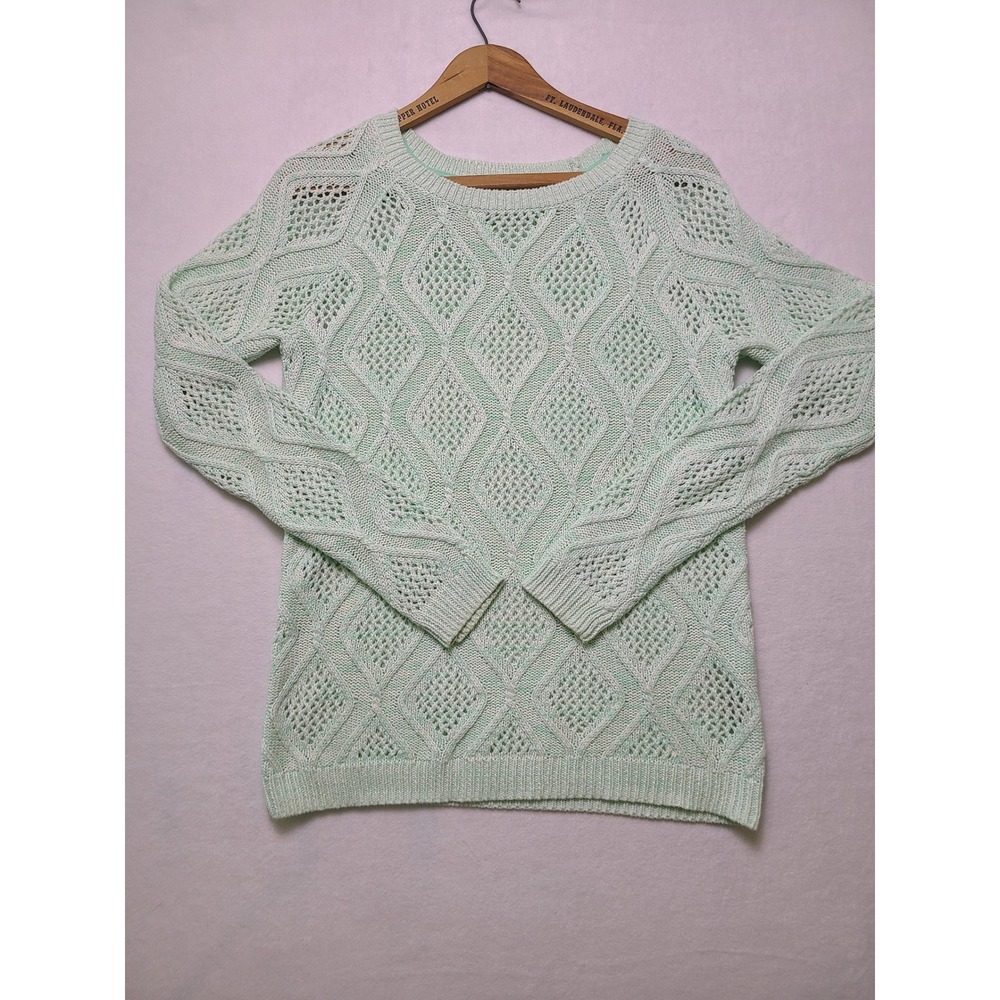 XS Sweater Pointelle Knit Mint Green Cotton Long Sleeve Pullover Preppy Academia